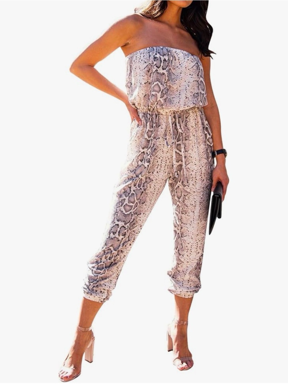 Strapless Snake-Print Jumpsuit in Beige